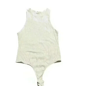 By Together Ribbed High Neck Thong Bodysuit Size Large White Casual Classic Knit